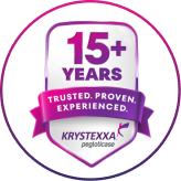 Graphic of a shield showing that KRYSTEXXA has been approved for over 15 years