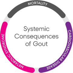Graphic showing systemic consequences of gout, including metabolic syndrome, mortality, and cardiovascular disease