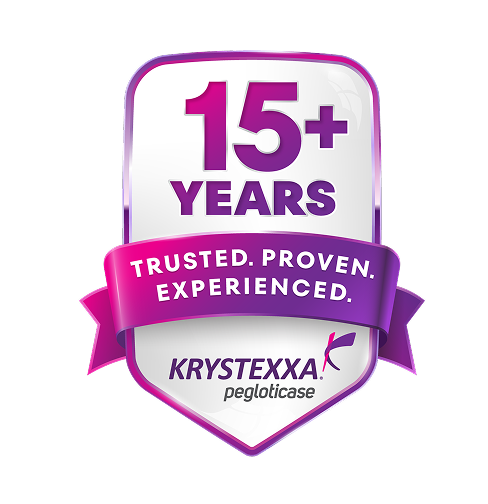 Graphic of a shield showing that KRYSTEXXA has been approved for over 15 years